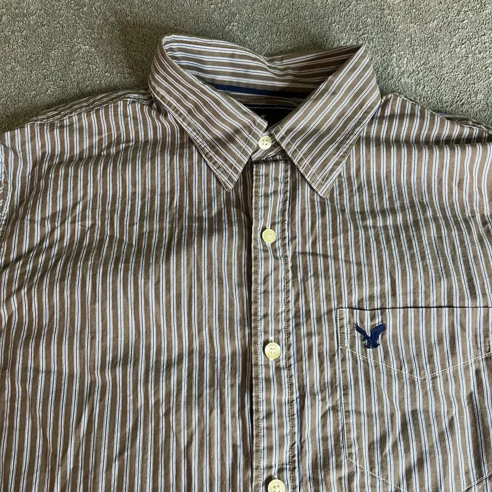 American Eagle Men's L Vintage Fit Striped Button Down Shirt Brown Tan Long SLV